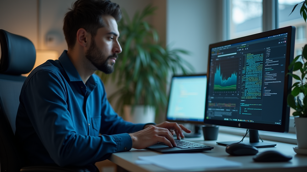 Eye-level view of a technician working on a laptop