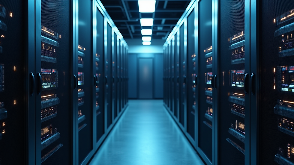 Eye-level view of a modern server room with blinking lights