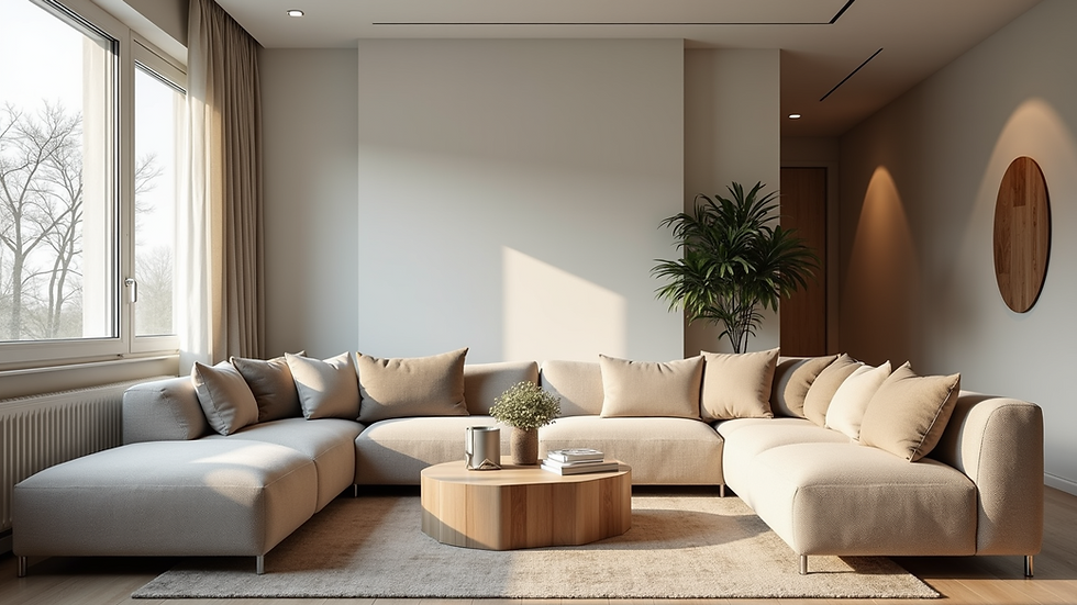 Eye-level view of a modern living room with assembled furniture