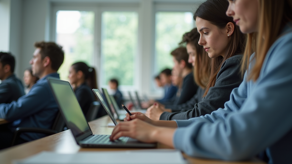 Eye-level view of a classroom with students using tablets and laptops