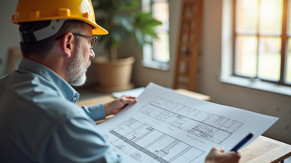 Close-up view of contractor reviewing bathroom renovation plans