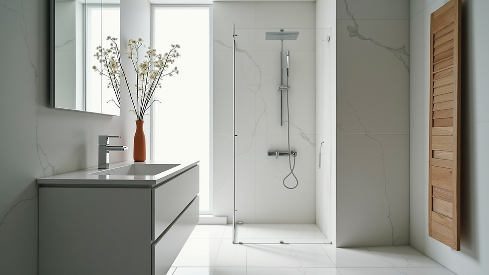 Eye-level view of modern bathroom with new fixtures and tiles