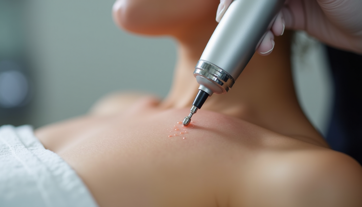 Close-up view of a microchanneling device creating tiny channels on skin surface