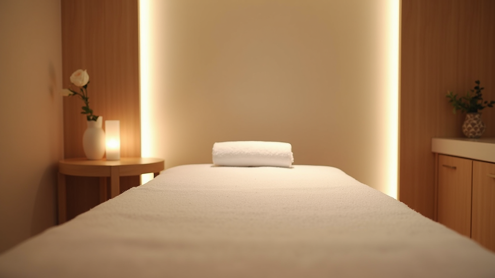 Eye-level view of a serene spa room with a facial bed and soft lighting