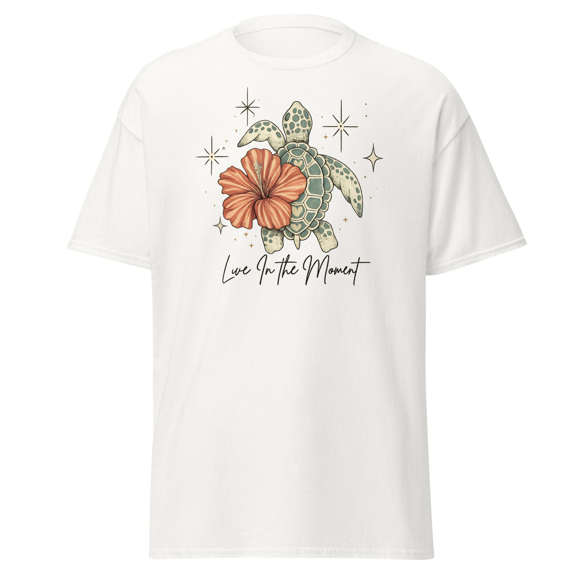 Sea Turtle Hibiscus Flower T-Shirt, Tropical Celestial Ocean Art, Summer Tee