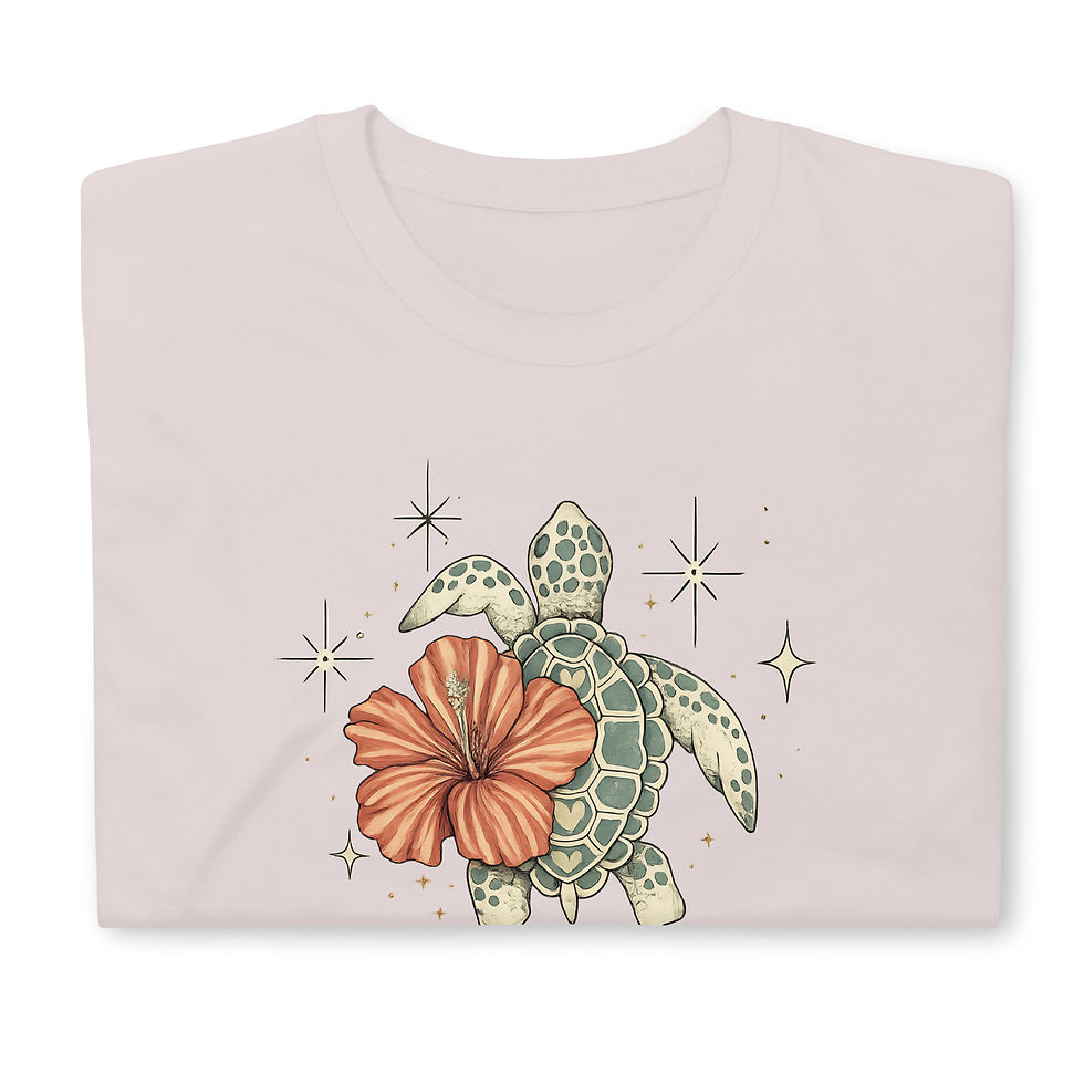 Thumbnail: Sea Turtle Hibiscus Flower T-Shirt, Tropical Celestial Ocean Art, Summer Tee