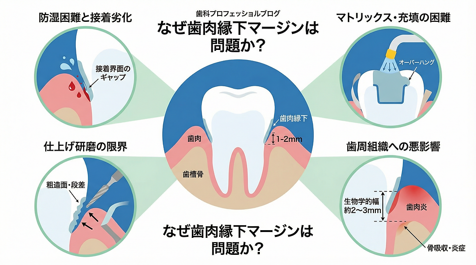 なぜ歯肉縁下マージンが問題になるのかを、防湿困難・接着劣化・研磨の限界・マトリックス充填の難しさ・歯周組織への影響などの要因とともに示した解説図