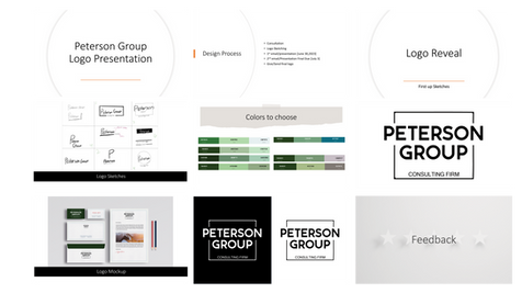 Peterson Group logo and brand presentation showcasing logo variations, color palette, typography, and brand guidelines in a clean, professional layout