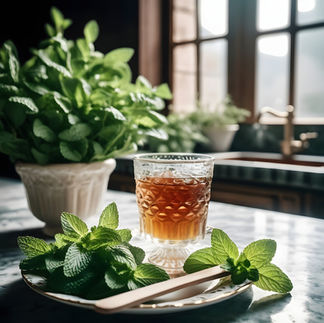 lemon balm plant, herbal tea in glass on kitchen counter