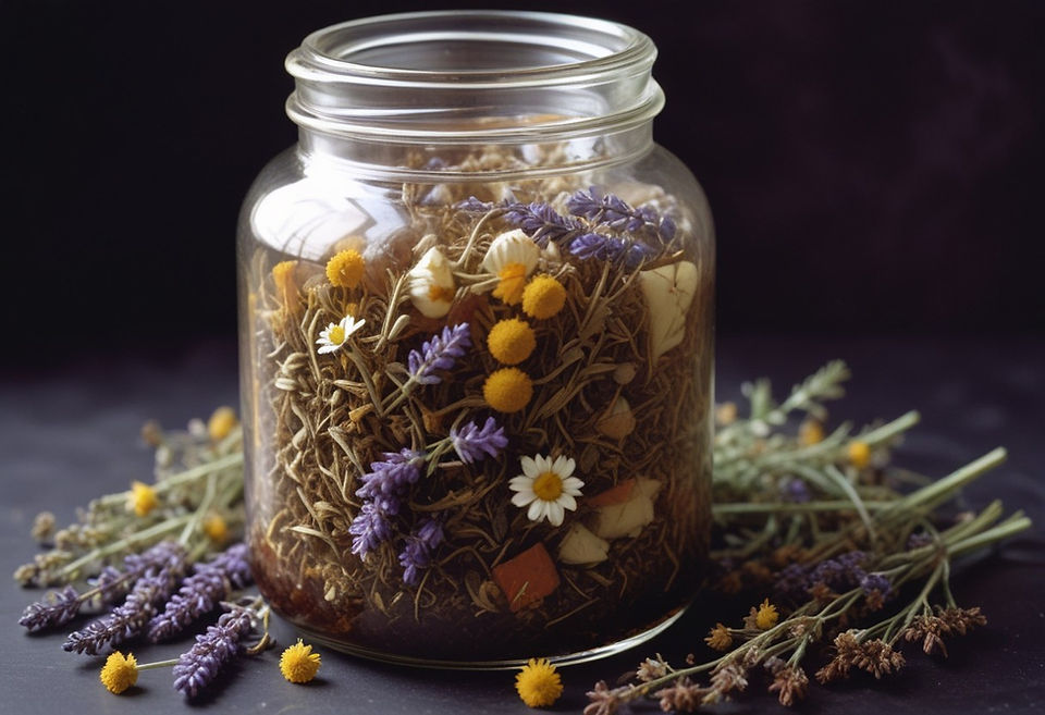 jar of dried herbal tea, chamomile, lavander