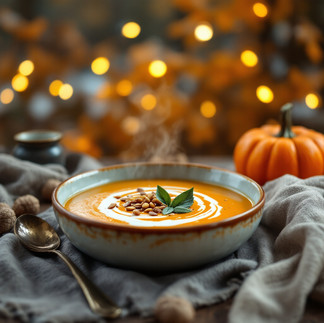 Close-up of creamy pumpkin sage soup garnished with coconut cream, sage leaves, and pumpkin seeds in a rustic fall setting.