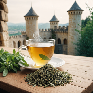 peppermint tea in glass cup, castle in background, dried herbal tea leaves in foreground