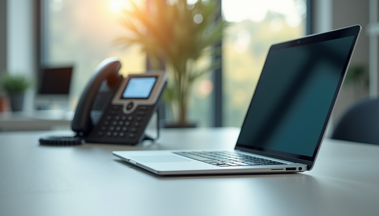 Eye-level view of a modern office desk with VoIP phone and laptop