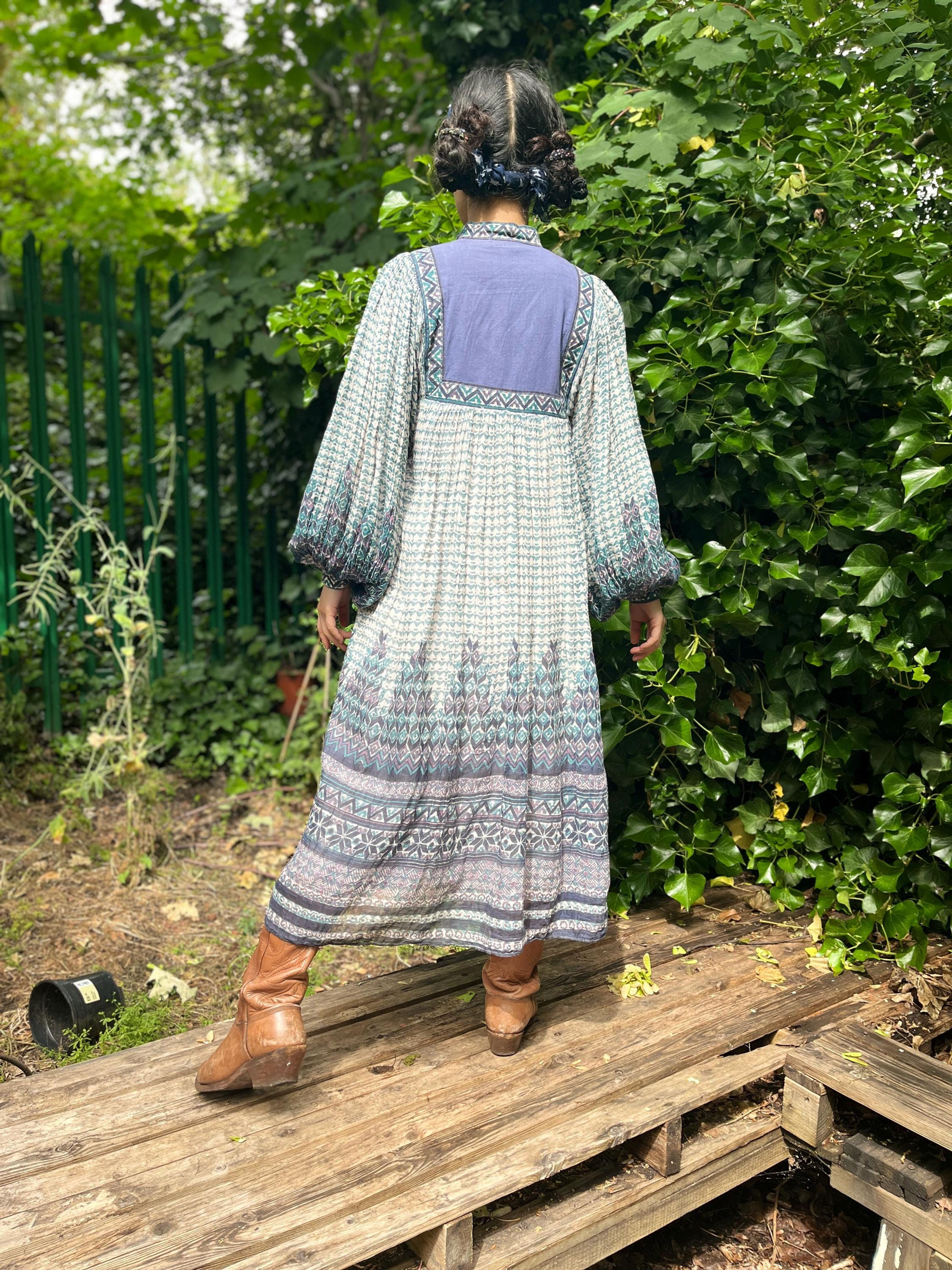 1970s PHOOL Indian Gauze Cotton Block Print Dress: Boho Balloon Sleeve Holiday