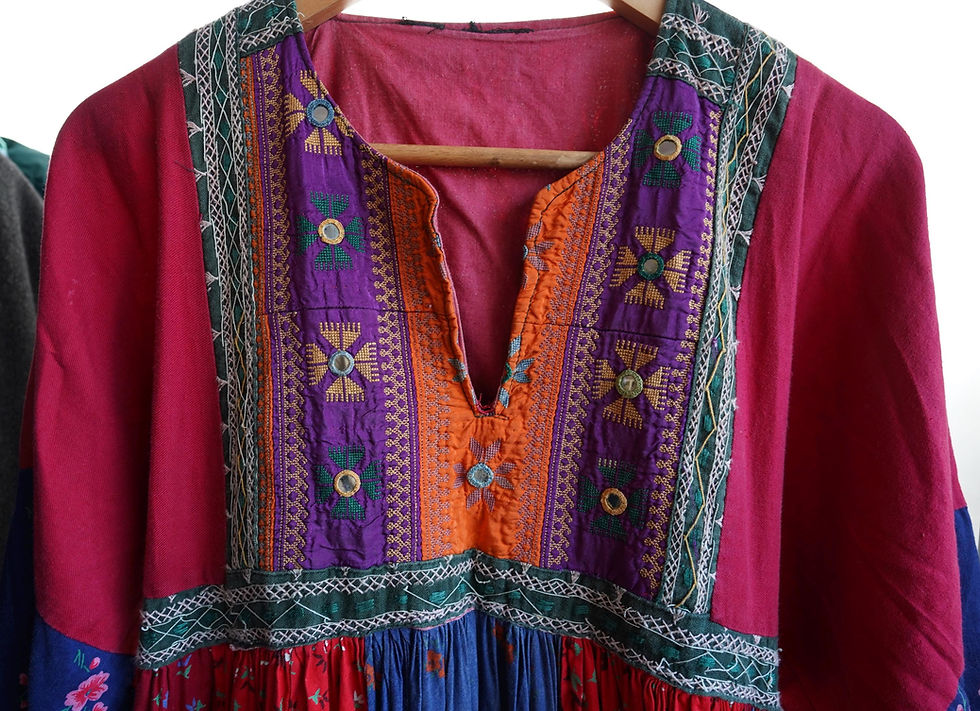 ภาพขนาดย่อ: 1970s Patchwork Afghan Dress: Hand Embroidered Bell Sleeve Boho Hippie Maxi Gown