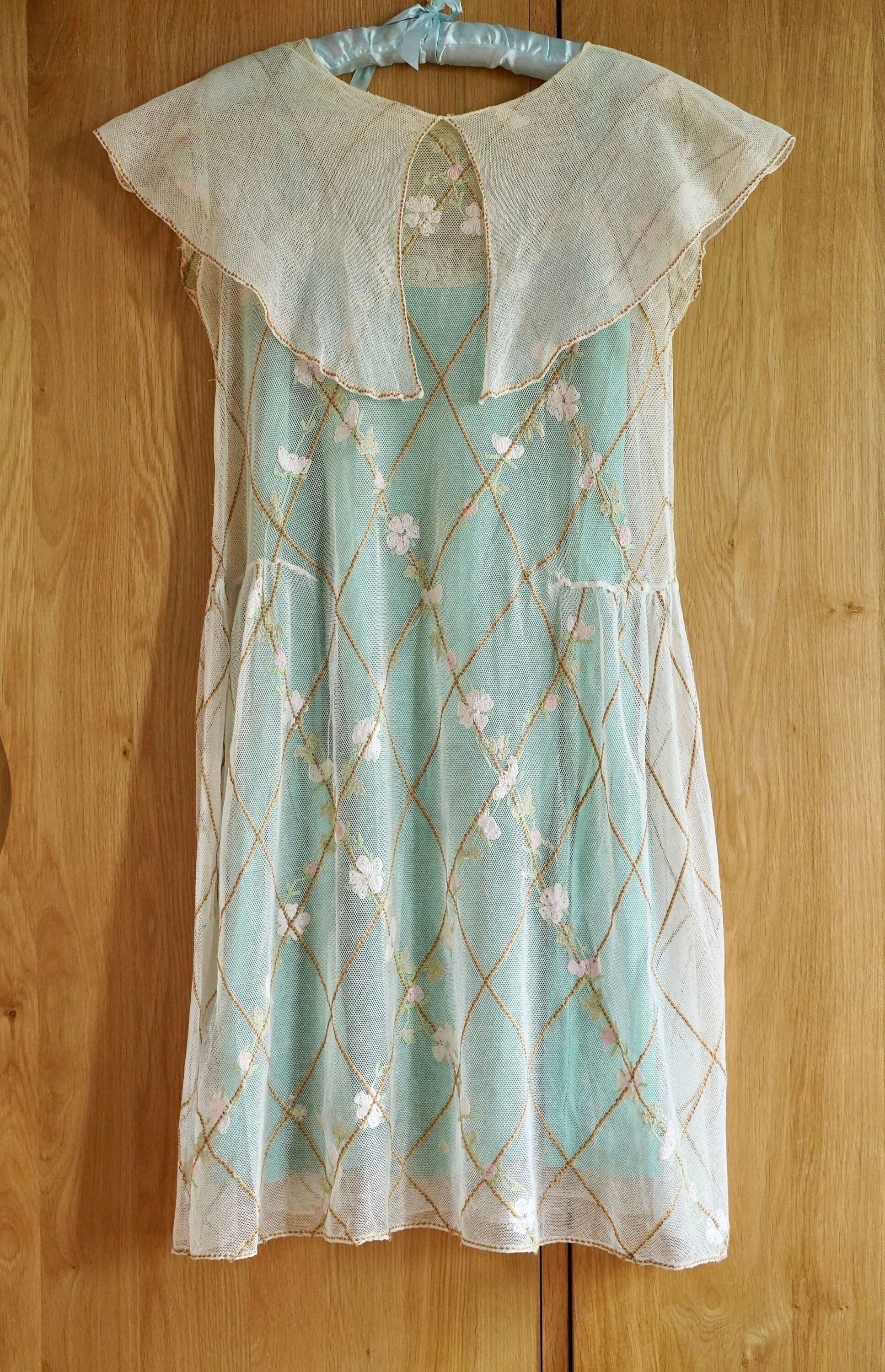 Antique 1920s Embroidered Net Mesh Sheer Dress with Cape Collar