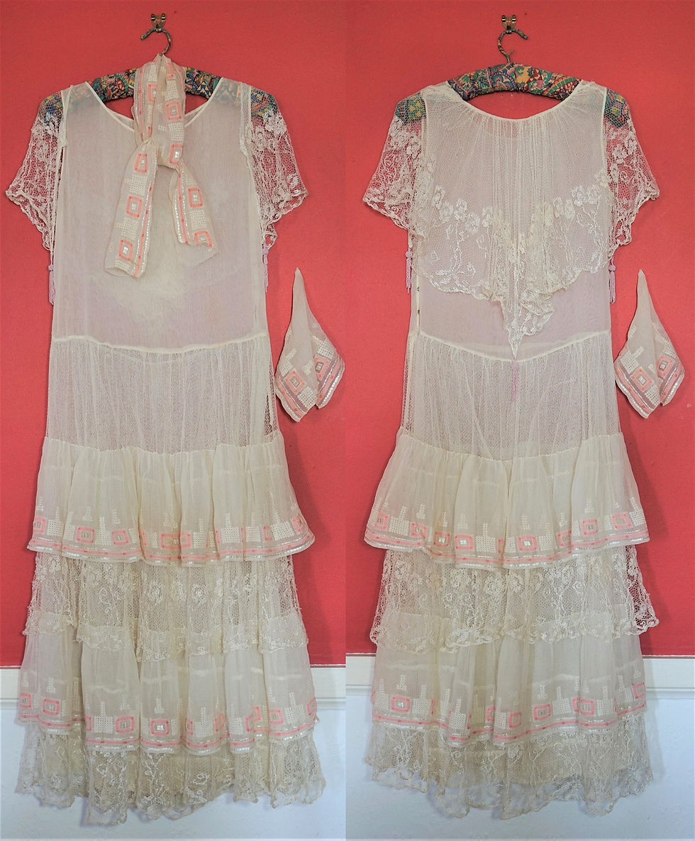 Miniature : 1920s Embroidered Sheer cotton voile Fishnet lace Maxi dress, Art Deco Flapper 