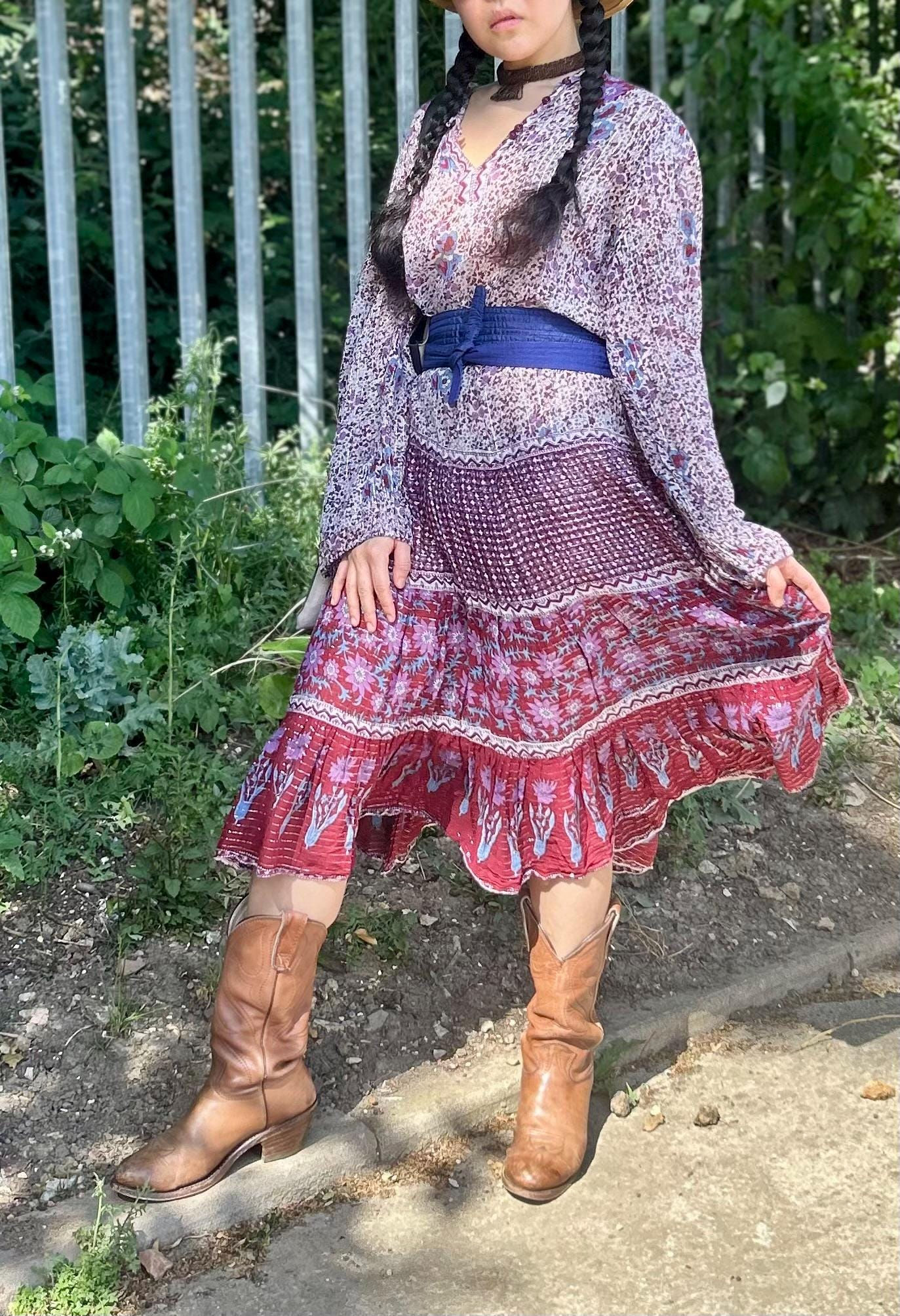 1970s Silver Sparkly Gauze Cotton Block Print Dress – Hippie Festival Style