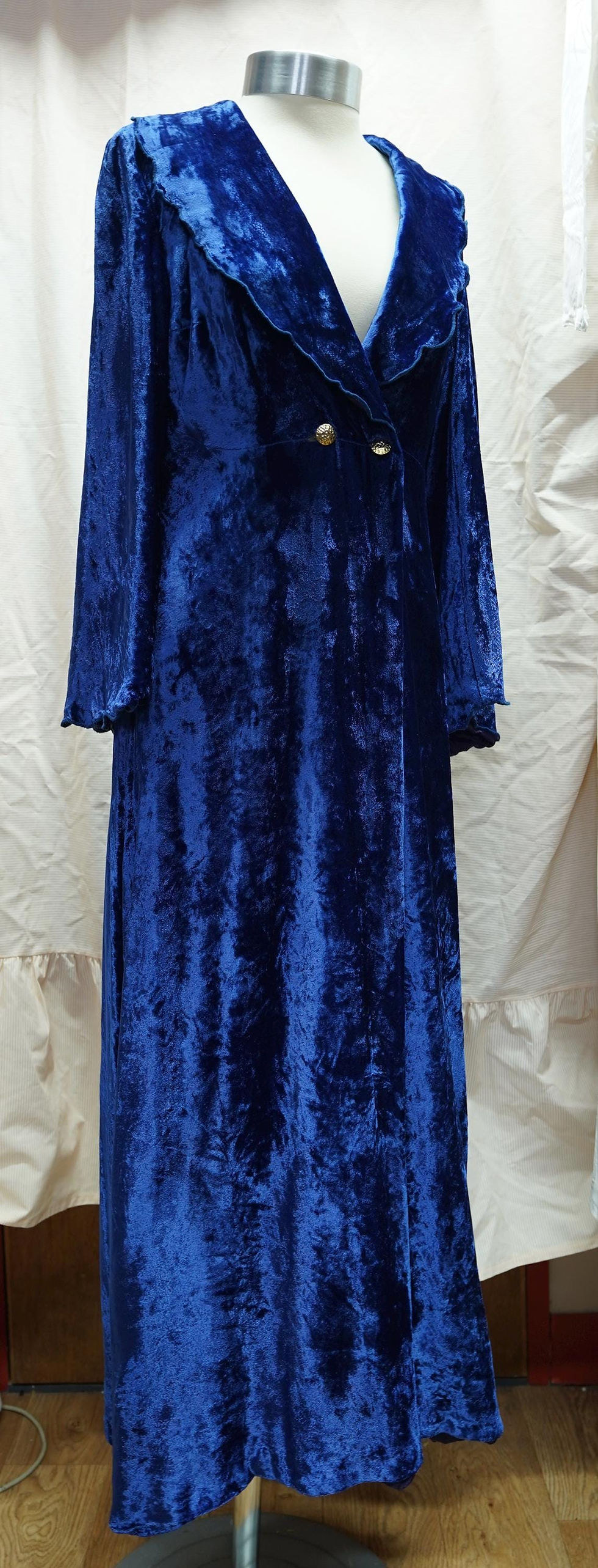Miniature : 1960s Blue Velvet Maxi Duster: Art Deco Style Evening Gown, Hippie Boho Rock St