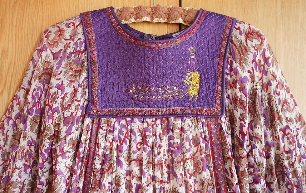Miniature : Lilac Peacock-1970s Embroidered Indian Gauze Cotton Block Print Boho Dress