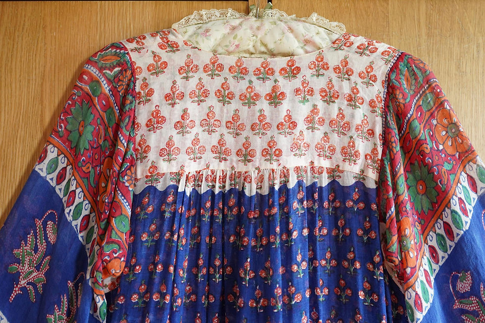 Miniature : 1970s Adini Indian Gauze Cotton Block Print Boho Goddess Tiered Maxi Dress