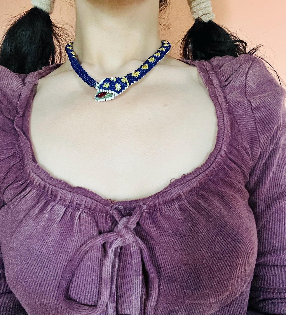 Miniature : Antique Trench Art POW WW I 1910s 1920s  Beaded Crochet Snake Choker Necklace
