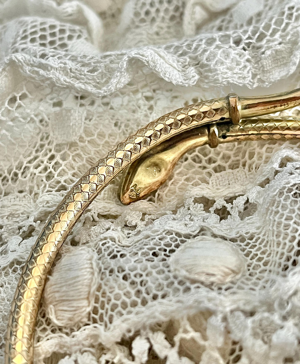 섬네일: Antique 1910s 1920s Rolled Gold Snake Bangle: Garnet Eyes, Victorian Revival
