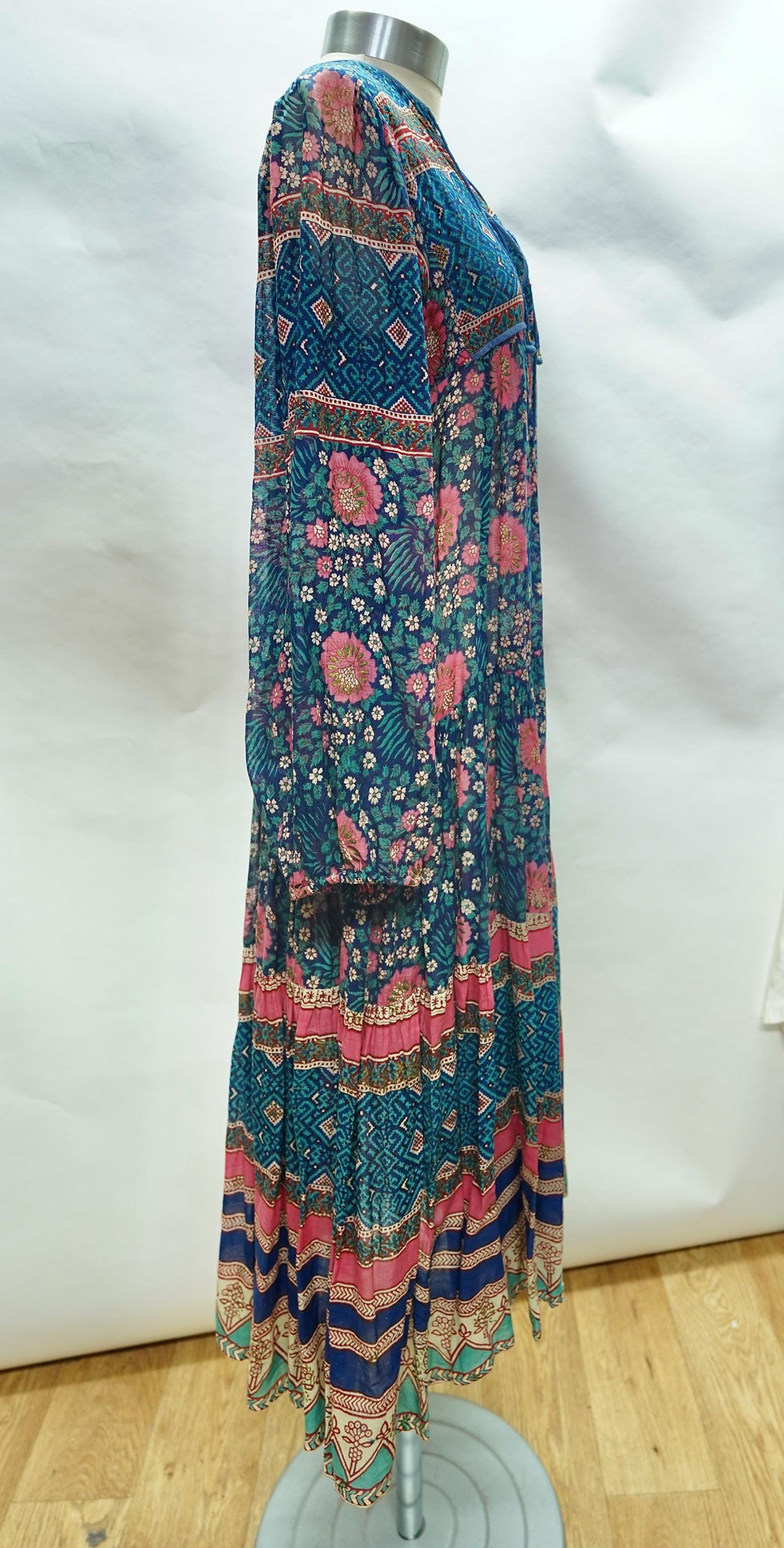 섬네일: 1970s Adini Indian Gauze Cotton Block Print Boho Maxi Dress