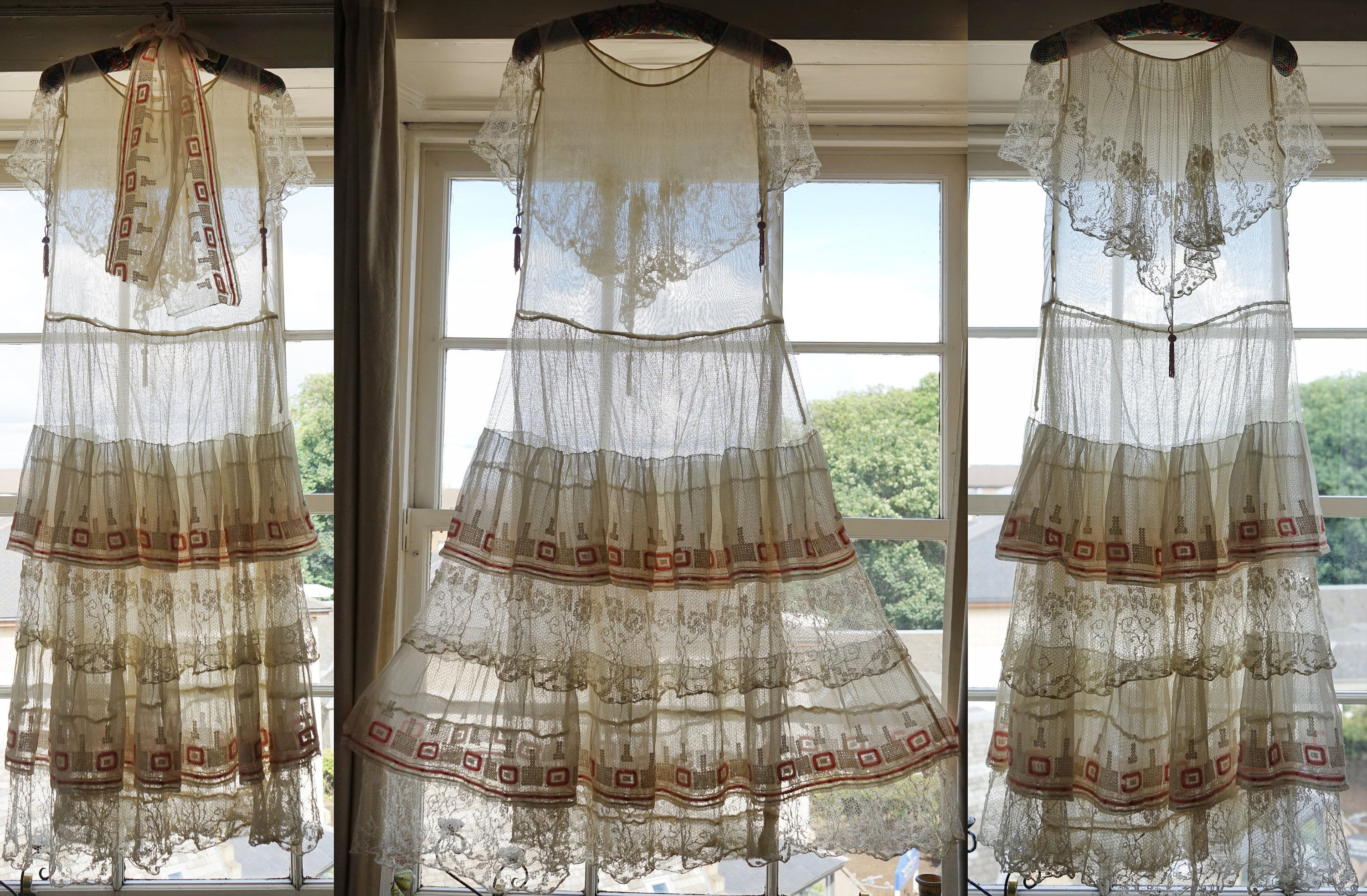 1920s Embroidered Sheer cotton voile Fishnet lace Maxi dress, Art Deco Flapper 