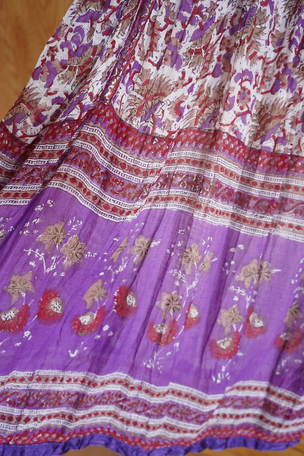 Miniature : Lilac Peacock-1970s Embroidered Indian Gauze Cotton Block Print Boho Dress