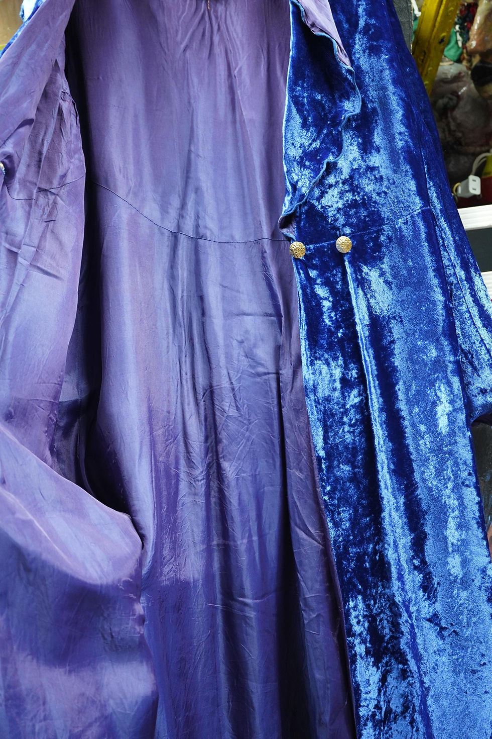 Miniature : 1960s Blue Velvet Maxi Duster: Art Deco Style Evening Gown, Hippie Boho Rock St