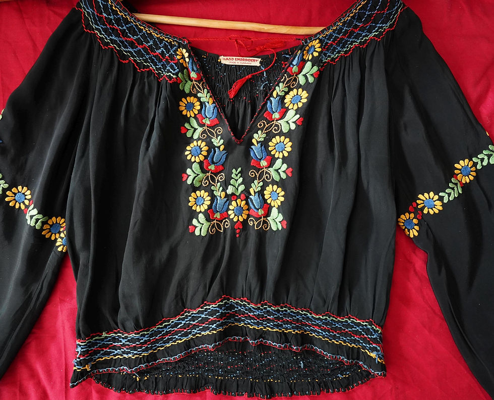 Miniatura: Vintage Antique 1930s Hand Embroidered Black Blouse, Art Deco Boho Folk Style, 