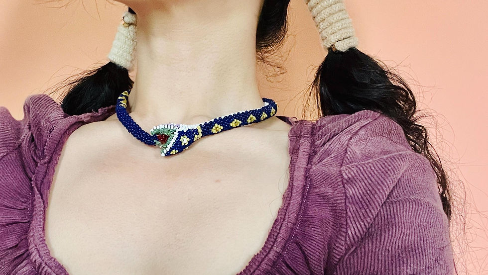 Miniature : Antique Trench Art POW WW I 1910s 1920s  Beaded Crochet Snake Choker Necklace