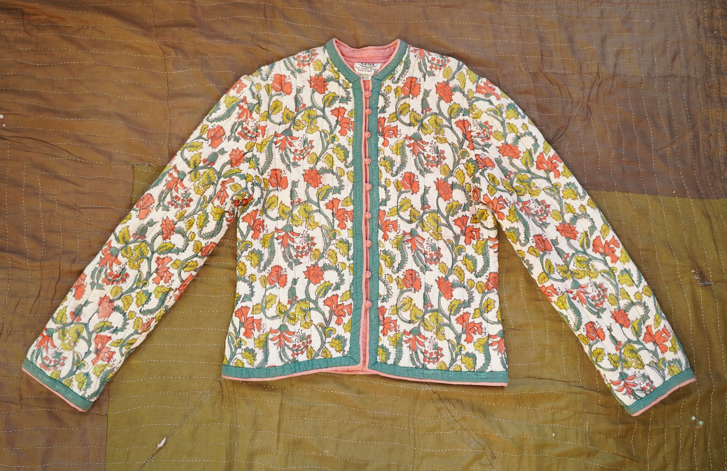 1970s Vintage Indian Hand Block Print Quilted Gauze Cotton Boho Folk Jacket
