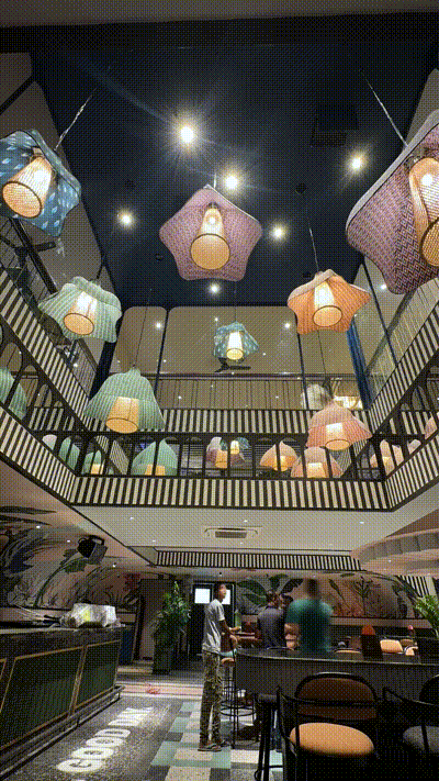 Fabric kinetic pendant lights that go up and down, designed for Daysie RR nagar, Bangalore