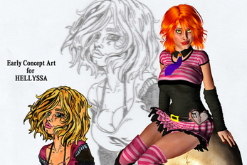 Depicted here is some more hand drawn art from Remy K., along with a CGI 3D rendered version. Various stories from the HellzGurl in the Modern World series'll be rendered in one of these styles...