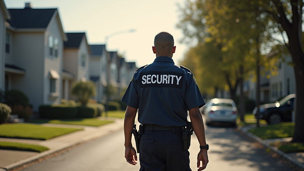 High angle view of a security officer conducting a foot patrol in a residential neighborhood