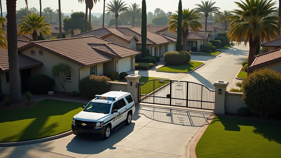 High angle view of security vehicle parked near gated community entrance