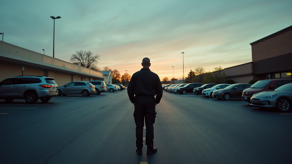 Wide angle view of a security guard patrolling a commercial parking lot at dusk
