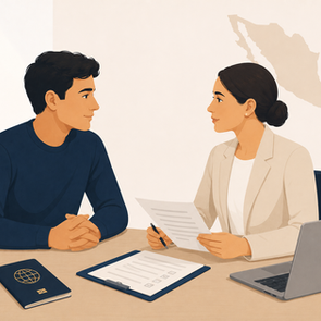 Persona extranjera revisando documentos para regularización migratoria por matrimonio en México ante el INM.