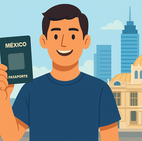 Ilustración de una persona en una oficina de gobierno recibiendo su pasaporte mexicano, representando la guía para obtenerlo después de haberse naturalizado.