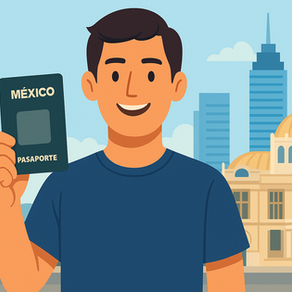 Ilustración de una persona en una oficina de gobierno recibiendo su pasaporte mexicano, representando la guía para obtenerlo después de haberse naturalizado.