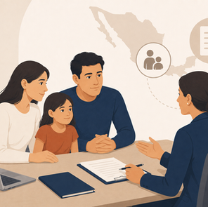 Persona extranjera revisando documentos para regularización migratoria por hijo mexicano o residente ante el INM en México.