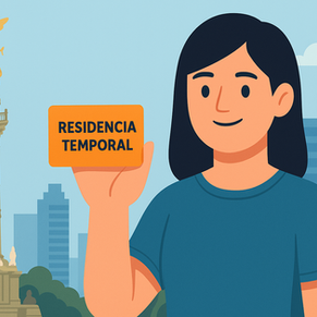 Ilustración de una chica extranjera mostrando su tarjeta de residencia en México, con el Ángel de la Independencia y el Palacio de Bellas Artes de fondo, representando la guía completa de regularización migratoria en 2025.