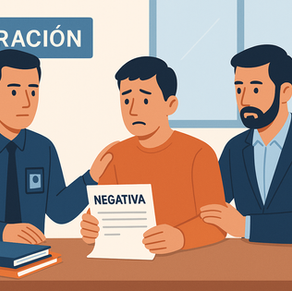 Ilustración de un extranjero frente a un escritorio del INM mostrando documentos a un abogado migratorio, mientras se explica el recurso de revisión contra una negativa en México.