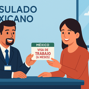 Ilustración en un consulado mexicano donde un funcionario entrega una visa de visitante con permiso para realizar actividades remuneradas a una persona extranjera, pensada para trabajadores temporales o por proyecto.