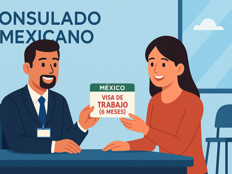 Ilustración en un consulado mexicano donde un funcionario entrega una visa de visitante con permiso para realizar actividades remuneradas a una persona extranjera, pensada para trabajadores temporales o por proyecto.