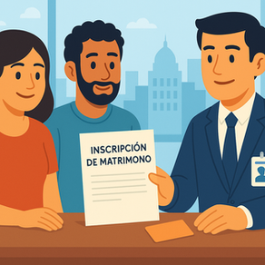 Ilustración de una pareja en una oficina del registro civil en México entregando documentos para inscribir su matrimonio celebrado en el extranjero, representando cómo hacerlo válido legalmente.