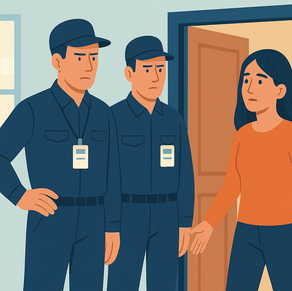 Ilustración de dos oficiales del Instituto Nacional de Migración visitando el domicilio de una mujer preocupada, representando qué hacer en caso de una visita de verificación del INM en tu casa.