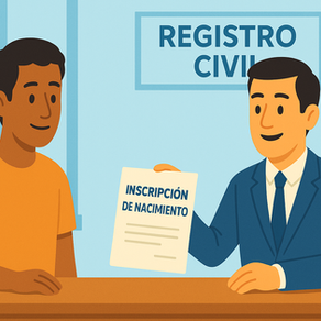 Ilustración de una persona extranjera mostrando su acta de nacimiento inscrita en México frente a un edificio gubernamental, representando cómo obtener la nacionalidad mexicana, pasaporte e INE si papá o mamá son mexicanos.